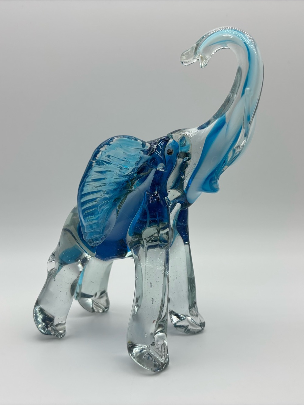 Vintage ELEPHANT Hand Blown 6.5” Tall Heavy Art Glass Trunk Up Clear & Blue 🐘🩵